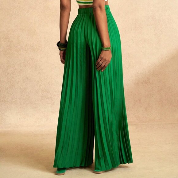 Green Casual Women's Elegant Pleated Wide-Leg Elastic Waist Pants - Picture 3 of 8